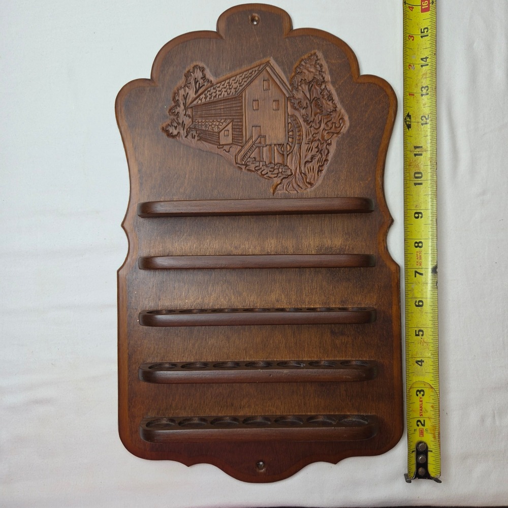 Vtg Wood Carved Ornate Water Mill Wall Display Rack 30 Slot Thimble Curio Shelf